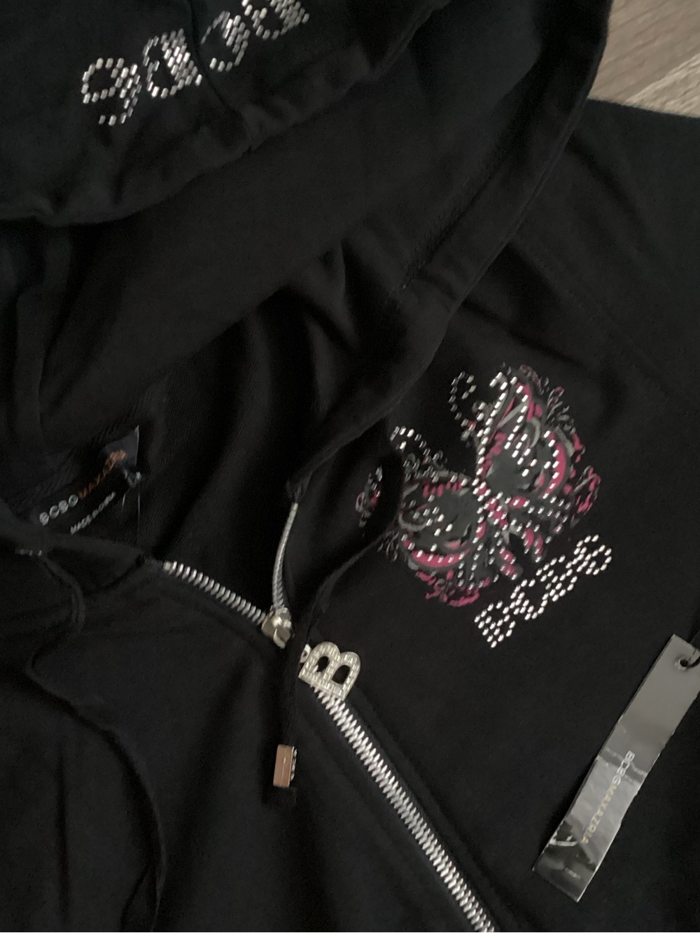 BCBGMaxAzria Black Rhinestone-Trim Hoodie Set - Picture 4 of 7